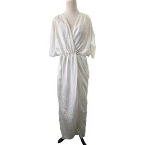 Vtg J. Berkleigh New York White Jacquard Floral Wrap Maxi Dress Nightgown Set M